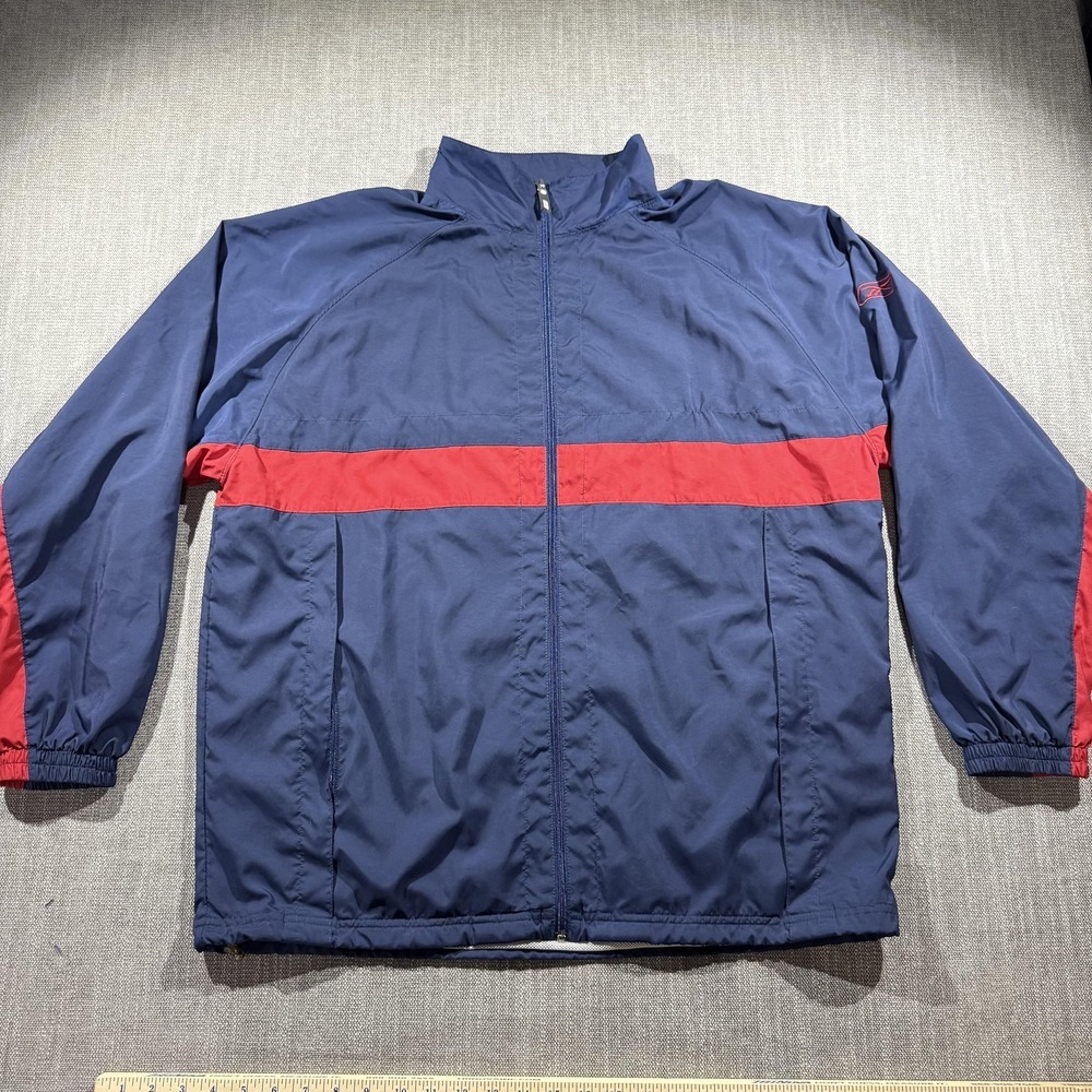 Reebok Jacket Mens Large Blue Red Full‎ Zip Windbreaker Mesh Lined Stripe Track